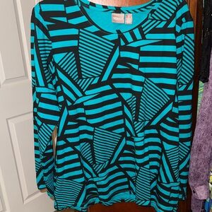 Chico's Black and Teal Striped Women's Long Sleeve Top